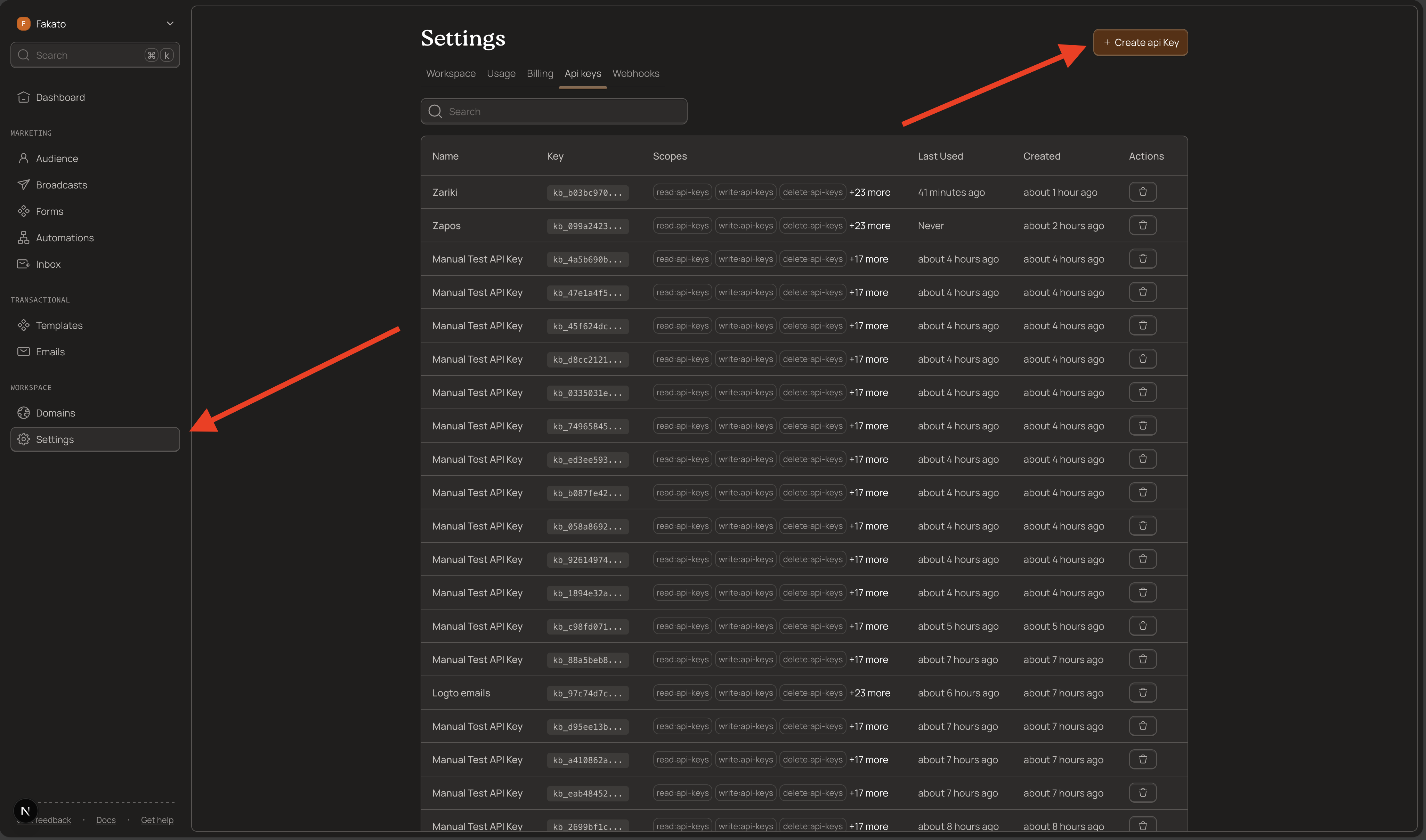 API Keys settings page